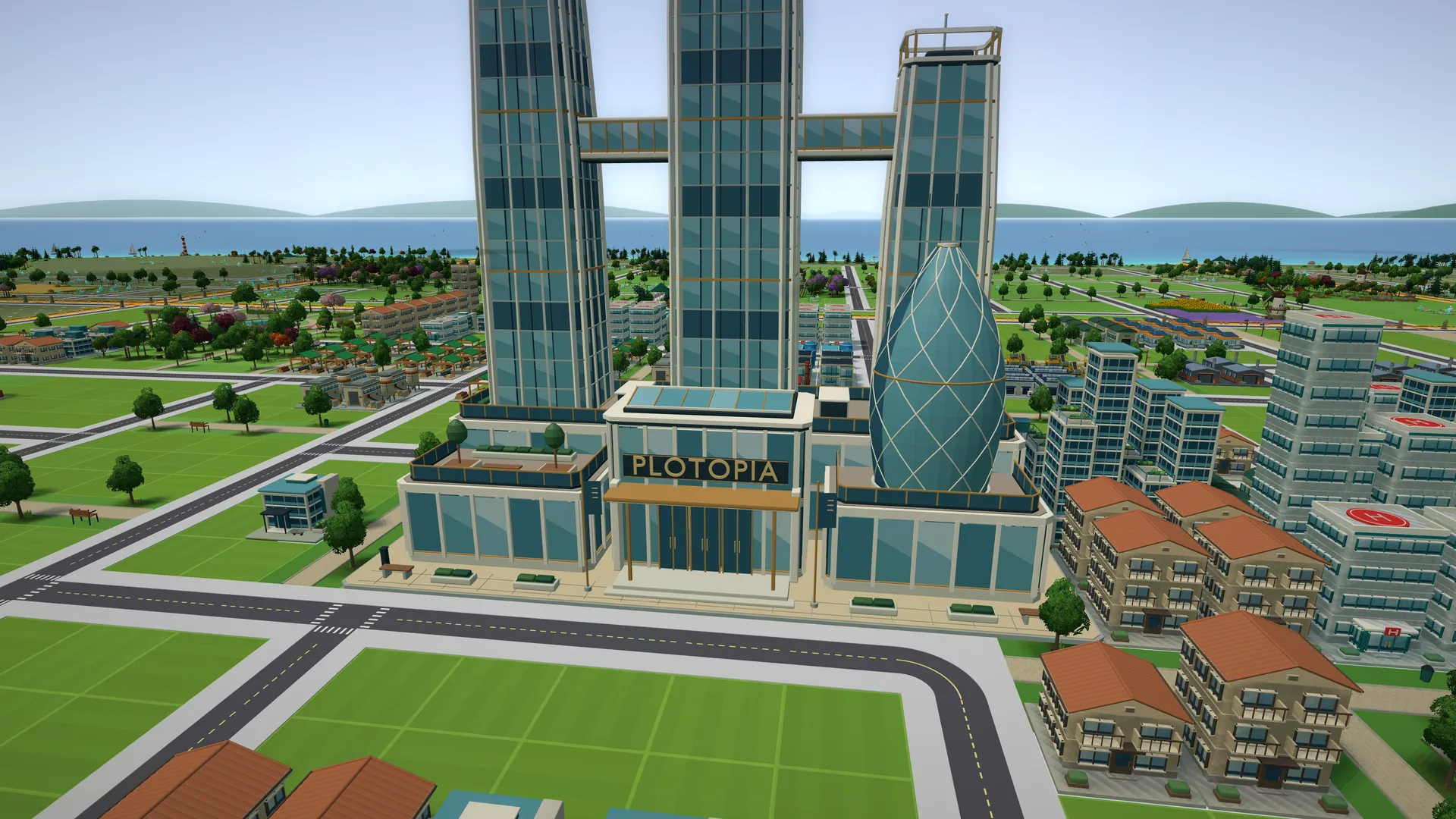 The Main Hall at the centre of the island, with its towers and the coast behind